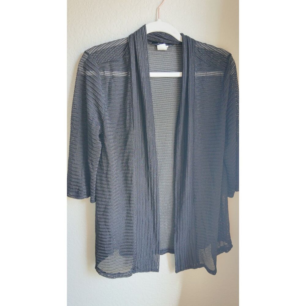 Love Ryan Los Angeles Black Open Weave Cardigan Medium 3/4 Sleeve Sheer Knit